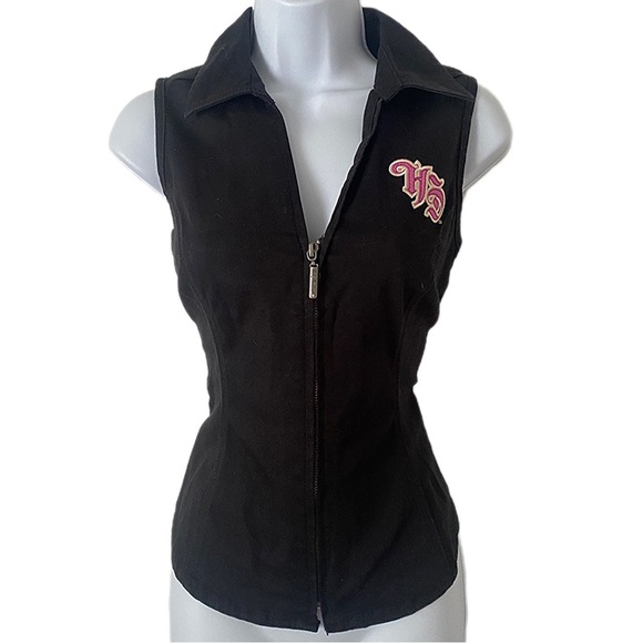 Harley-Davidson Y2K Zip-Up Corset Lace Vest Rhinestone Embroidered Pink Black- S - Picture 5 of 11